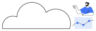 Geniş bulut çizgisi bir kişinin işaret ettiği ve bir büyüme grafiğiyle eşleştirilmiş. Teknoloji, bulut depolama, iş analizleri, veri sunumu, büyüme eğilimleri, finansal tahminler, dijital