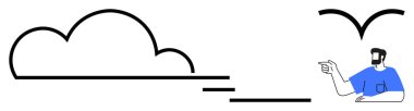 Mavi gömlekli adam bulutun yanındaki uçan kuşu işaret ediyor. İletişim, yaratıcılık, hayal gücü, rehberlik, basitlik, doğa, eğitim temaları için idealdir. Siyah beyaz mavi soyut çizgi düz