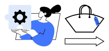 Özel yapboz parçası, üzerinde fiyat etiketi olan alışveriş çantası ve doğru ok. İş stratejisi, problem çözme, alışveriş, teknoloji, yön, büyüme pazarlaması için ideal. Soyut