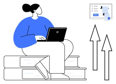 Dizüstü bilgisayarda çalışan bir kadın, kitaplar, elektronik ödeme arayüzü, yukarı doğru oklar. İş büyümesi, çevrimiçi eğitim, e-ticaret, finans teknolojisi, dijital dönüşüm için ideal