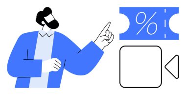 İndirim kuponuna ve video oynatma tuşuna işaret eden bir adam promosyon videosu ya da online pazarlamayı öneriyor. Terfi, indirim, satış, pazarlama, online alışveriş, reklamlar için ideal