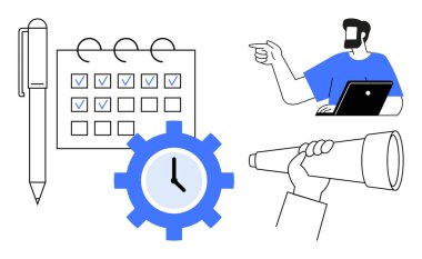 Kalemle işaretli takvim, saatli teçhizat dizüstü bilgisayar kullanan kişi, teleskop tutan kişi. Takım çalışması, planlama, zaman yönetimi, gelecekteki hedefler, proje yönetimi vizyonu için ideal