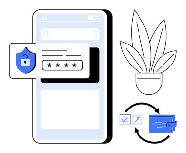 Güvenlik kalkanı ikonu, bir saksı, veri aktarım okları ve kredi kartının bitişiğinde bir parola mesajı gösteren akıllı telefon. Siber güvenlik, veri gizliliği, mobil uygulamalar, çevrimiçi ödemeler için ideal