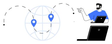 Diz üstü bilgisayarını kullanarak iki konum belirteci çizgisi olan bir dünyayı işaret eden bir adam. Uzak iş, küresel iş, lojistik, iletişim, proje yönetimi konuları için ideal