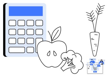 Bir elma, brokoli ve sağlık ve bütçe hedeflerinin altını çizen havucun yanında hesap makinesi. Diyet planlaması, bütçe düzenlemesi, sağlıklı yaşam tarzı, eğitim, yemek hazırlama ve mali danışmanlık için ideal