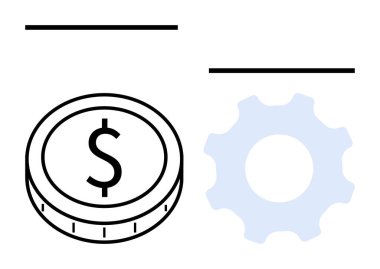 Vites simgesinin yanında dolar işareti olan sikke para mekaniği, sistem ve verimliliği vurguluyor. Finans, işletme, işlemler, işlem yönetimi, teknoloji, tasarruf soyut hattı için ideal