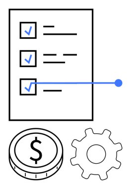 Kontrol işaretli, teçhizatlı ve bozuk paralı görev listesi. Proje yönetimi, üretkenlik, finans, işlemler, iş akışı, iş planlaması ve soyut çizgi düz metaforu için ideal