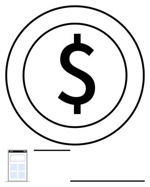 Konsantrik dairelerdeki dolar işareti minimum mobil uygulama arayüzü elemanıyla eşleştirildi. Finans, mobil bankacılık, dijital işlemler, fintech, tasarruf, ekonomik kavramlar, soyut çizgi düz