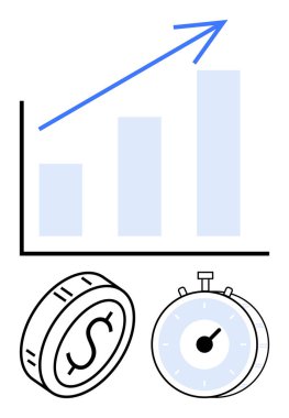 Yukarı doğru ok, para ve kronometre çizelgesi yatırımı, büyümeyi ve teslim tarihlerini simgeliyor. İş, finans, zaman yönetimi, üretkenlik hedefi belirleme stratejisi için ideal soyut çizgi