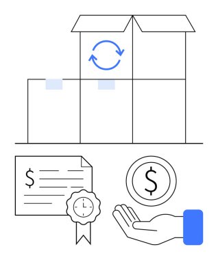 Hareket gösteren oklarla dolu kutular saat mührü sertifikası, dolar sikkesi. Lojistik, teslimat, mali işlemler, e-ticaret, sertifika için ideal.