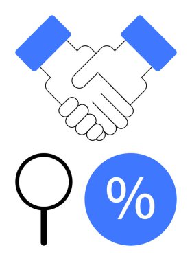 El sıkışma, anlaşmayı sembolize eder, soruşturma için büyüteç, mavi yüzde işareti. İş anlaşmaları, mali analizler, ortaklıklar, sözleşme gözden geçirme, yatırım, müzakere için ideal