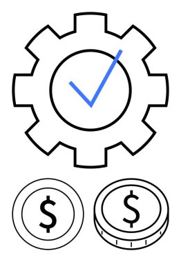 İşaretli dişliler ve madeni paralar mali yönetimi, iş akışı optimizasyonunu ve başarıyı simgeliyor. İş, finans, üretkenlik, hedefler, işlemler, maliyet tasarrufu soyut hattı için ideal