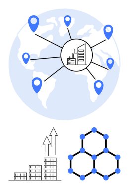 Merkezi bir merkeze bağlı yer işaretleri olan dünya haritası, büyüme okları olan bar grafiği, altıgen molekül düğümleri. Küreselleşme, lojistik, analitik, iş büyümesi, bilim, bağlantı için ideal