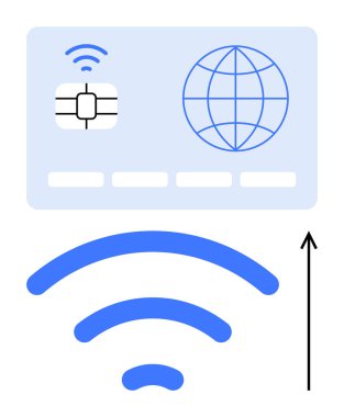 eSIM kart, çip küresi simgesi kablosuz ok ile. Teknoloji, iletişim, seyahat, küresel bağlantı, kablosuz yenilik, gelecek teknolojisi, dijital dönüşüm için idealdir. Satır metaforu