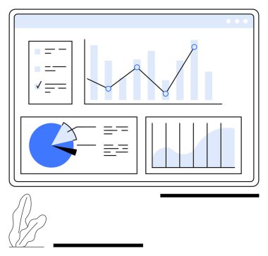 Çubuk grafikli veri analiz paneli, pasta grafiği, çizgi grafiği ve rapor listesi. İş analitiği, sunumlar, istatistikler, içgörü izleme, strateji planlama yönetimi için ideal