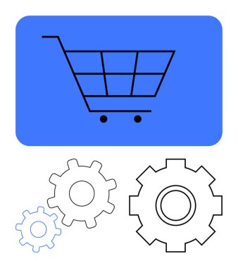 Üç vites çizgisinin üzerinde mavi bir dikdörtgen üzerinde alışveriş arabası. E-ticaret, otomasyon, verimlilik, dijital perakende, iş akışı, iş sistemleri, soyut düz metafor için ideal