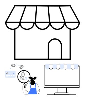 Tenteli mağaza önü, kredi kartı işlemleri, dolar işaretinde büyüteç tutan kadın, tenteli bilgisayar. Çevrimiçi iş, ecommerce, startup, dijital pazarlama, perakende satış için ideal