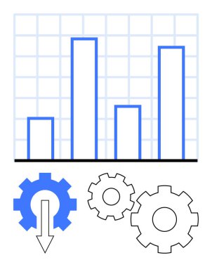 Mavi çizgili çubuk grafik ve şebeke arka planı, üç vites ve aşağı bakan bir ok. İş analizleri, performans ölçümleri, süreç optimizasyonu, teknik analiz, veri takibi için ideal