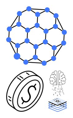 Geometrik engelleme ağı, dolar işaretli bozuk para, veri akışlı beyin, katmanlı çarşaflar. Engelleme zinciri, finans, yapay zeka, veri bilimi, inovasyon kripto para birimi soyut hattı için ideal