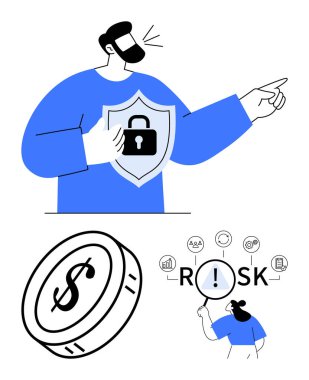 Kalkan tutan kişi, bir dolar para sembolü, birbirine bağlı risk faktörlerini analiz ediyor. Güvenlik, risk yönetimi, finans, yatırım, iş stratejisi, veri koruması için ideal