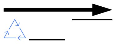 Siyah ok, üçgen ve yatay çizgilerin içindeki mavi geri dönüşüm oklarıyla ileri bakıyor. Sürdürülebilirlik, ilerleme, geri dönüşüm, eko-bilinç, yenilik, hareket, hedefler, soyut