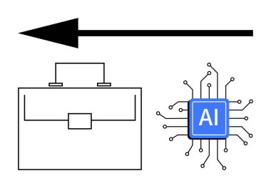 Kara ok, Minimalist evrak çantasından devreli yapay zeka mikroçipine kadar iş teknolojisi entegrasyonunu temsil ediyor. Yenilik için ideal, yapay zeka çözümleri, dijital dönüşüm, teknoloji stratejisi