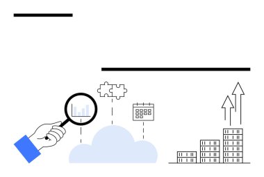 Bulut verilerini, bulmaca parçalarını, takvimi, binaları ve büyüyen okları inceleyen büyüteçle. Veri analizi, bulut teknolojisi, iş çözümleri, planlama stratejisi finansmanı için ideal