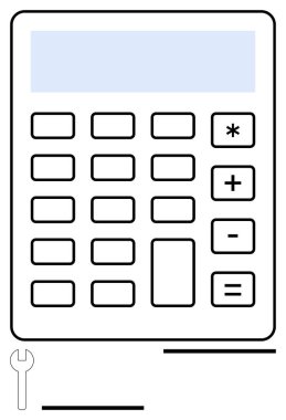 Taslak tuşlu hesap makinesi, aritmetik operatörler ve konfigürasyonu veya tamiratı gösteren anahtar sembolü. Matematik, finans, eğitim, mühendislik, sorun çözme, planlama için ideal