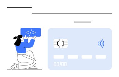 Temassız bir kartın yanında Fintech 'i vurgulayan bir kadın programlama. Dijital işlemler, kodlama, finansal sistemler, ödeme işlemleri, e-ticaret, teknolojik çözümler, soyut düz metafor için ideal