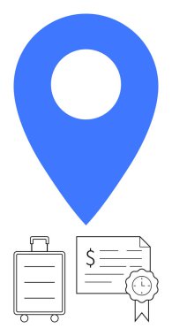 Bavulun üstündeki mavi lokasyon iğnesi ve kurdeleli sertifika seyahat, yön bulma ve başarıyı gösteriyor. Seyahat planlama, hedef belirleme, ödül programları, profesyonel büyüme ve turizm için ideal