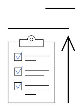 Tamamlanmış görevlerin yanında yukarı doğru ok ile birlikte mavi işaretli bir kontrol listesi olan pano. Üretim, hedefler, doğruluk, proje yönetimi, büyüme, değerlendirme, organizasyon için ideal