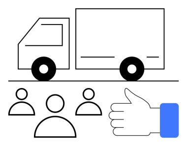 Kamyon ve onay jesti ile birlikte üç kişilik simgeler takım çalışması, verimli dağıtım ve olumlu geri bildirim anlamına gelir. Lojistik, takım çalışması, müşteri hizmetleri, dağıtım başarısı, kalite