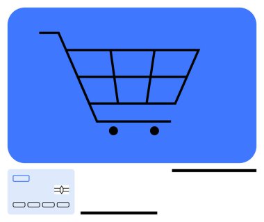 Kalın çizgili alışveriş arabası ikonu, mavi arka plan, küçük kredi kartı. E-ticaret, çevrimiçi alışveriş, ödeme kapıları, perakende teknoloji, finansal araçlar, işlem sistemleri soyut hat için ideal