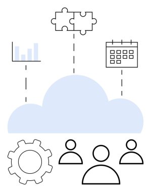 İnsan simgeleri, vitesler, bulmaca parçaları, grafik ve takvimle çevrili bir bulut. Takım çalışması, bulut hizmetleri, proje yönetimi, otomasyon veri işbirliği soyut çizgi düz metaforu için idealdir
