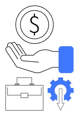 Bir evrak çantası ve aşağı vites sembolüyle tamamlanmış madeni para ya da karı gösteren açık bir el. Ticari zarar, mali yardım, yönetim, yatırım, maliyet düşüşü için ideal