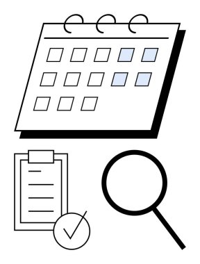 Vurgulanmış tarihli takvim, kontrol panosunda işaretli kontrol listesi, büyütme cam vurgulama analizi. Zamanlama, verimlilik, organizasyon, planlama, görev yönetimi, verimlilik için ideal