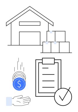 Yığınlanmış kutuları olan bir depo, kontrol listesi olan bir pano, para kabul eden eller, ödeme sembolleri ve işaretli işaretler. E-ticaret, lojistik, finans, tedarik zinciri envanter işi için ideal