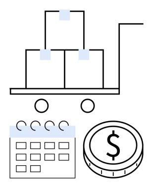 Warehouse cart carrying boxes, calendar for scheduling, and dollar coin for financial planning. Ideal for shipping, logistics, business strategy, time management, cost analysis, inventory control clipart