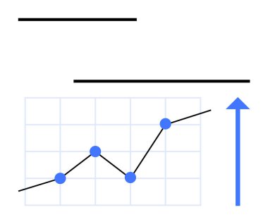 Verilerin yer aldığı çizgi grafiği yukarı doğru eğilimi gösteriyor. Cesur ok ilerlemeyi ve başarıyı vurgular. Analiz, iş büyümesi, planlama, pazar eğilimleri, performans izleme ve yatırım için ideal