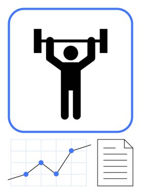 Halteri kaldıran kişi, artan grafik ve belgeyle gücü sembolize ediyor. İlerleme, hedefler ve başarıyı simgeliyor. Fitness, üretkenlik, başarı, büyüme, sağlık stratejisi için ideal