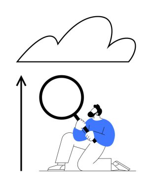 Büyüteç arayışında olan yukarı doğru ok atan birini bul. Yenilik, teknoloji, veri analizi, büyüme, keşif, gelecek vizyonu, keşif için ideal. Satır metaforu