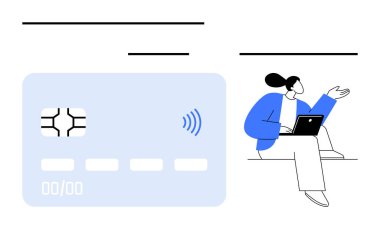 Dizüstü bilgisayarda çalışan bir kadının yanında temassız ödeme kartı. Fintech, online bankacılık, e-ticaret, dijital teknoloji, ödeme çözümleri, iş-yaşam dengesi, soyut düz metafor için ideal