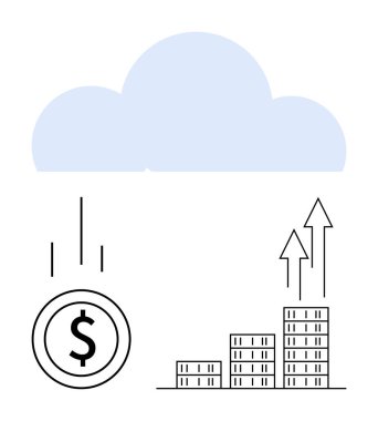 Yükselen demir çubuklar ve oklarla bulutlara düşen dolar sikkeleri. Finans, yatırım, teknoloji, bulut hesaplama, iş stratejisi, finansal büyüme için ideal, soyut çizgi düz