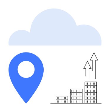 Mavi lokasyon iğnesi, bulut simgesi, yukarı doğru yükselen okları olan bina çizelgesi. İş stratejisi, yenilik, bulut hesaplama, veri büyümesi, kentsel planlama, lojistik soyut çizgi için ideal