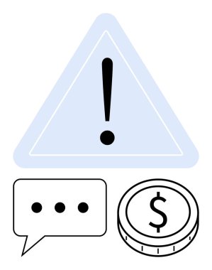 Üçgen içinde ünlem, dolar parası, elipsli konuşma balonu. Finansal risk, alarmlar, karar verme, bütçe, iletişim, fintech soyut metafor için ideal