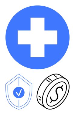 Sağlık hizmetini temsil eden bir dairede mavi haç, korunmayı sembolize eden işaretli bir kalkan ve maddi değeri temsil eden madeni para. Sigorta, sağlık giderleri, yardımlar, tasarruflar, sigorta için ideal