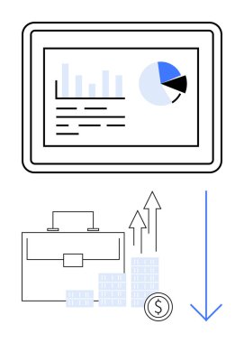 Tablet ekranı grafikler, grafikler, istatistikler, evrak çantası, yükselen çubuk grafikler, bozuk paralar, yukarı bakan oklar. Finans ve iş büyümesi veri analizi için ideal yatırım ekonomik strateji pazarı