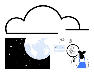 Dünya 'nın üzerinde bulut ve gökyüzü adamı büyüteçle güvenli mali işlemleri analiz ediyorlar. Fintech, online bankacılık, küresel ödemeler, güvenlik, teknoloji, bağlantı için ideal