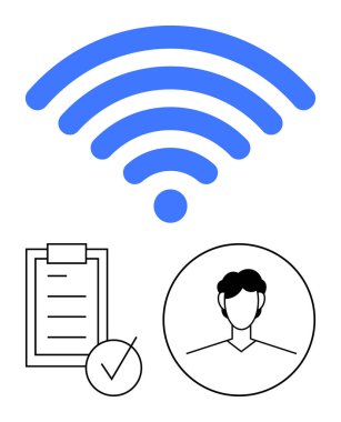 Mavi kablosuz kablosuz sembol siyah pano kontrol listesi ve kullanıcı profili simgesi ile eşleştirildi. Bağlantı, uzaktan erişim, ağ, iletişim, kullanıcı kimlik denetimi, veri yönetimi için ideal