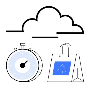 Cloud icon, stopwatch, and eco-friendly shopping bag with recycling symbol. Ideal for time management, sustainability, e-commerce, eco-lifestyle, tech innovation, environmental awareness abstract clipart